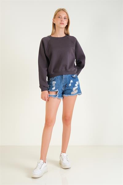 Kadın 3 İp Şardonlu Sıfır Yaka Oversize Sweatshirt Füme