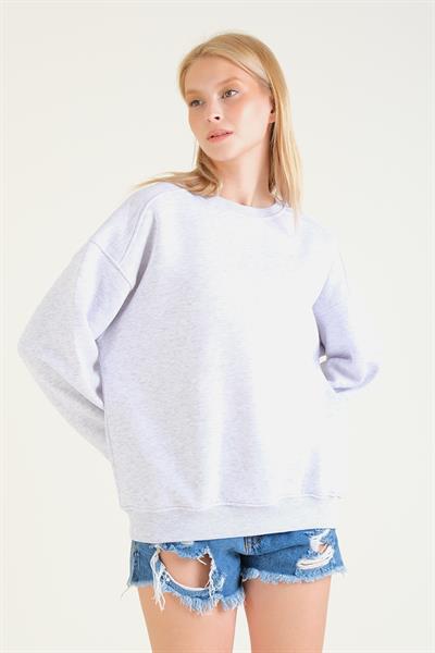 Kadın 3 İp Şardonlu Sıfır Yaka Oversize Sweatshirt Gri