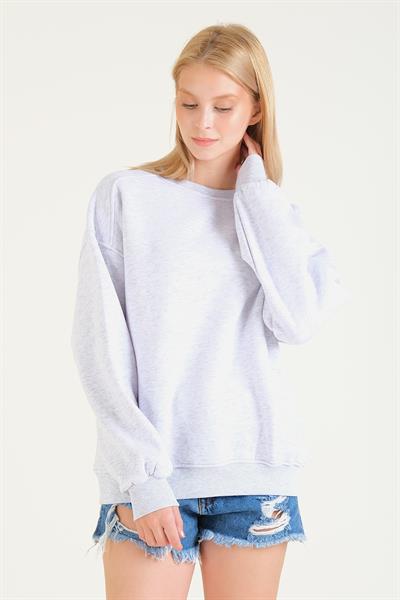 Kadın 3 İp Şardonlu Sıfır Yaka Oversize Sweatshirt Gri