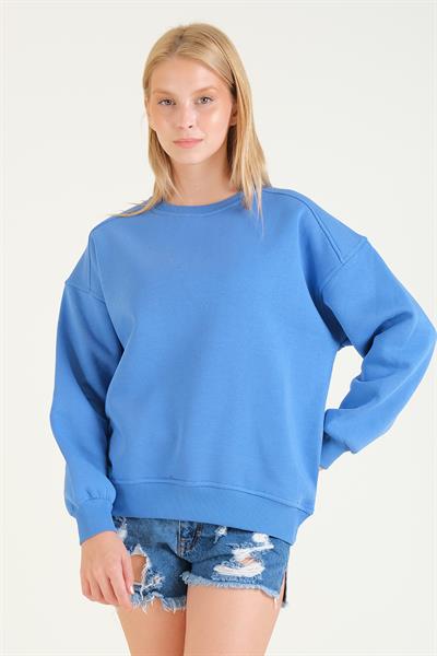 Kadın 3 İp Şardonlu Sıfır Yaka Oversize Sweatshirt Mavi