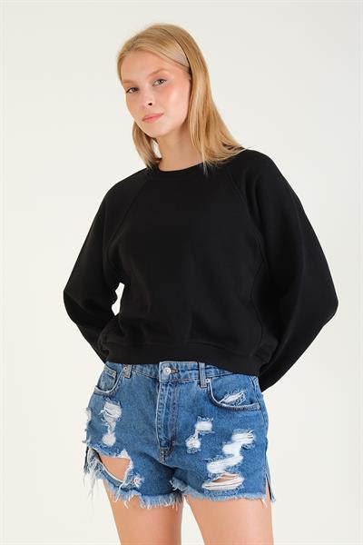 Kadın 3 İp Şardonlu Sıfır Yaka Oversize Sweatshirt Siyah