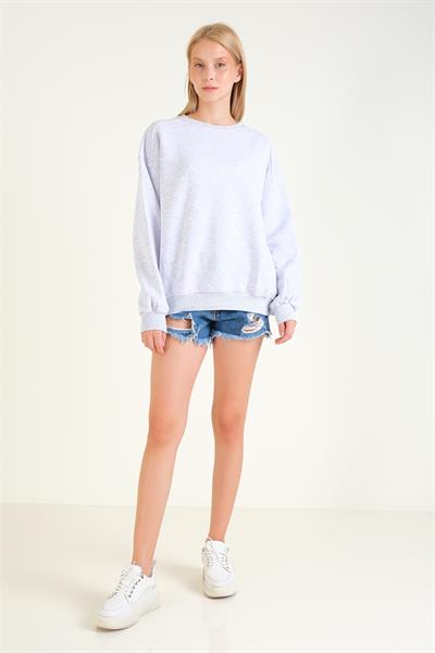 Kadın 3 İp Şardonlu Sıfır Yaka Oversize Sweatshirt Gri