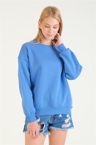 Kadın 3 İp Şardonlu Sıfır Yaka Oversize Sweatshirt Mavi