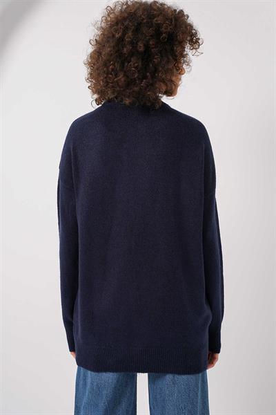 Kadın Baklava Desen Oversize Kazak Lacivert