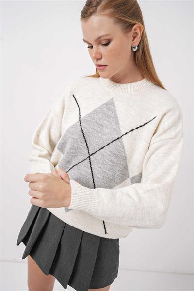 Kadın Baklava Desen Oversize Kazak Taş