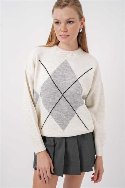 Kadın Baklava Desen Oversize Kazak Taş