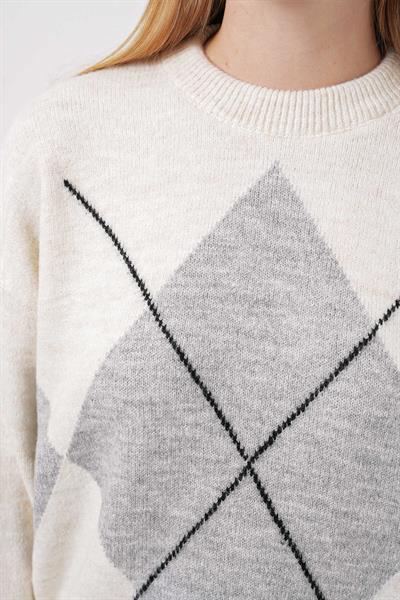 Kadın Baklava Desen Oversize Kazak Taş