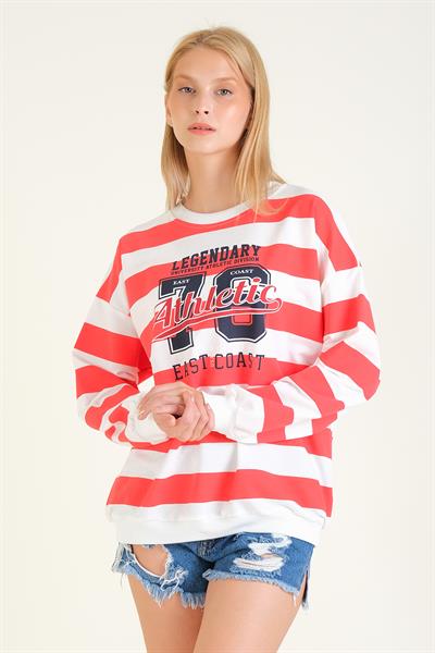 Kadın Baskılı Çizgili Oversize Sweatshirt Kırmızı