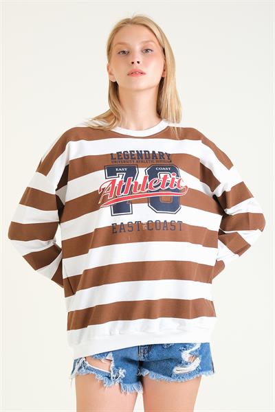 Kadın Baskılı Çizgili Oversize Sweatshirt Kahverengi