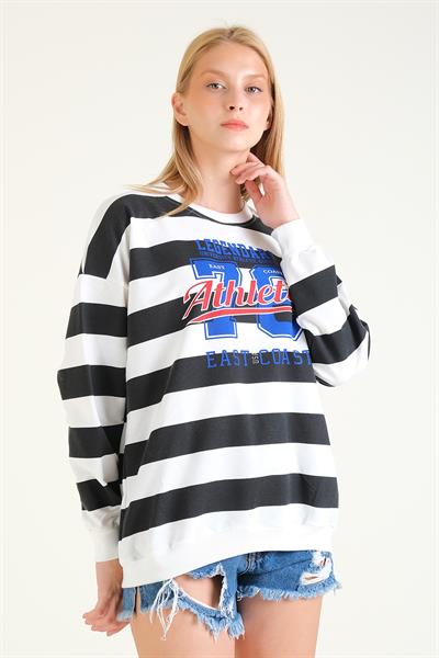 Kadın Baskılı Çizgili Oversize Sweatshirt Siyah
