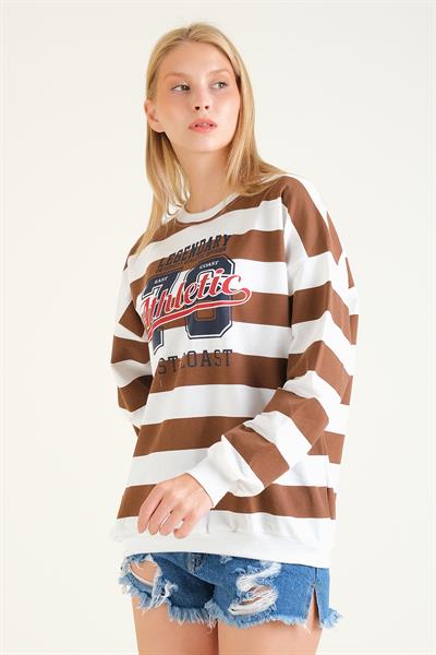 Kadın Baskılı Çizgili Oversize Sweatshirt Kahverengi