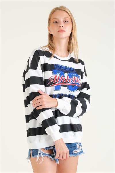 Kadın Baskılı Çizgili Oversize Sweatshirt Siyah