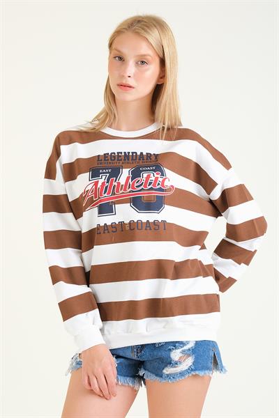 Kadın Baskılı Çizgili Oversize Sweatshirt Kahverengi