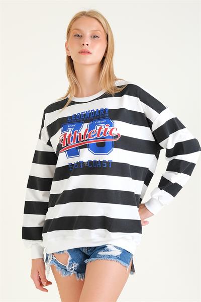 Kadın Baskılı Çizgili Oversize Sweatshirt Siyah
