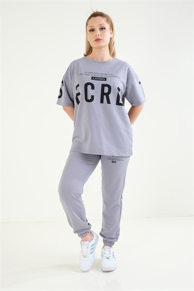 Kadın Baskılı Oversize İkili Takım Gri