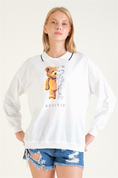 Kadın Baskılı Polo Yaka Sweatshirt Beyaz