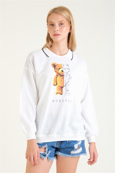 Kadın Baskılı Polo Yaka Sweatshirt Beyaz