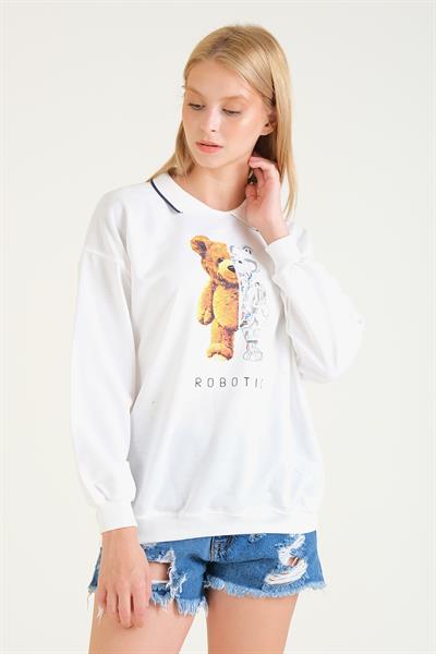 Kadın Baskılı Polo Yaka Sweatshirt Beyaz