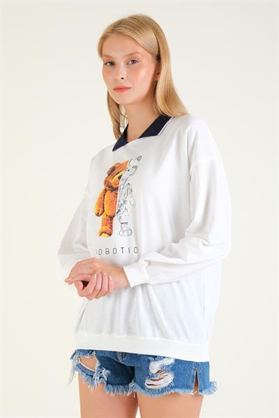 Kadın Baskılı Polo Yaka Sweatshirt Lacivert