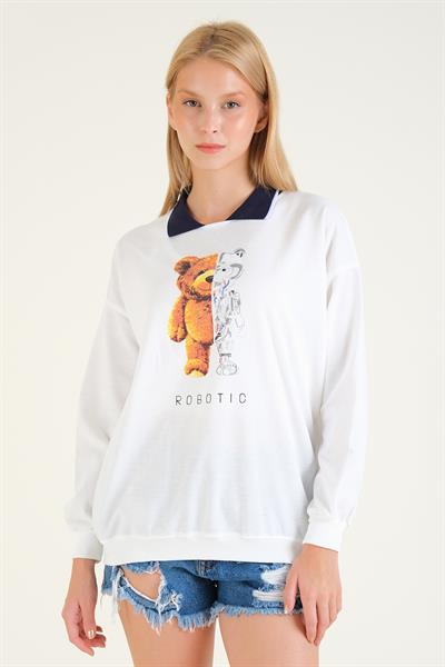 Kadın Baskılı Polo Yaka Sweatshirt Lacivert