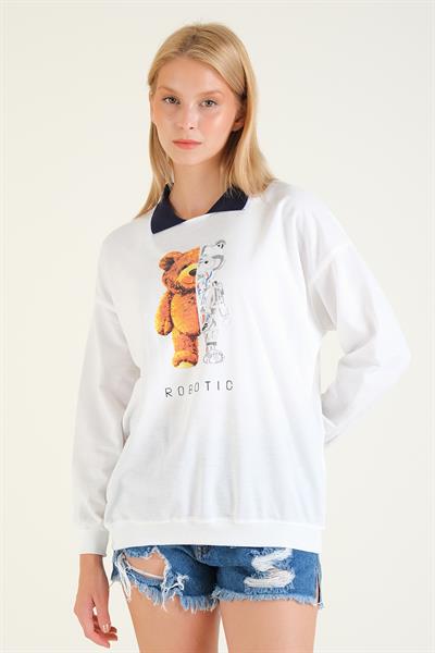 Kadın Baskılı Polo Yaka Sweatshirt Lacivert