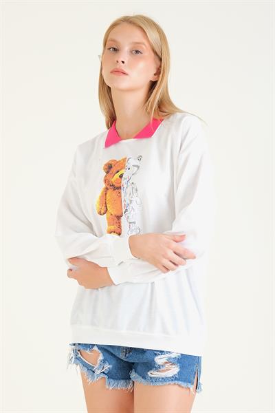 Kadın Baskılı Polo Yaka Sweatshirt Pembe