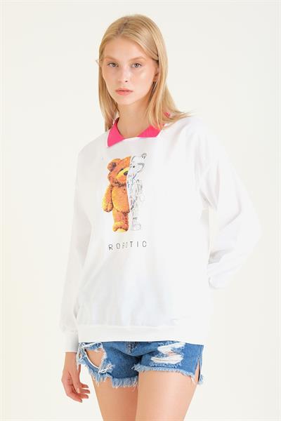 Kadın Baskılı Polo Yaka Sweatshirt Pembe