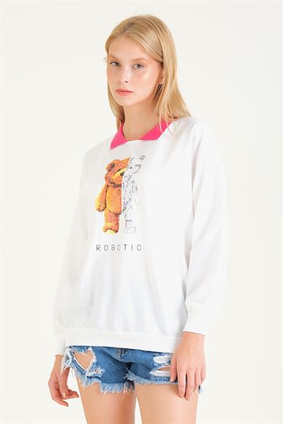 Kadın Baskılı Polo Yaka Sweatshirt Pembe