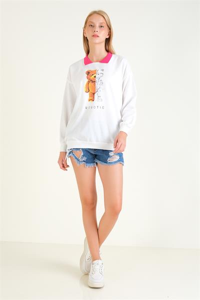 Kadın Baskılı Polo Yaka Sweatshirt Pembe