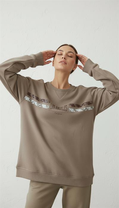 Kadın Baskılı Şardonlu Üç İp Şevval Sweatshirt Kahverengi