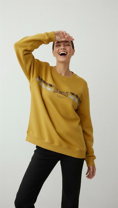 Kadın Baskılı Şardonlu Üç İp Şevval Sweatshirt Sarı