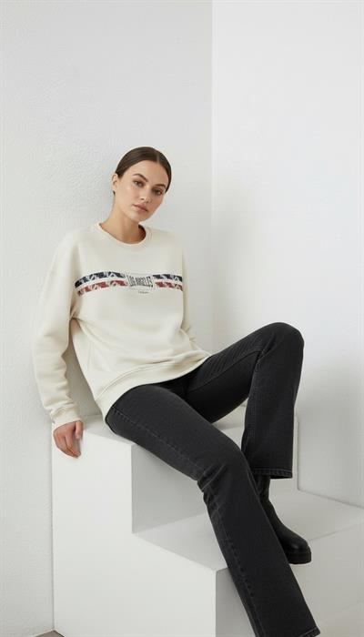 Kadın Baskılı Şardonlu Üç İp Şevval Sweatshirt Ekru 