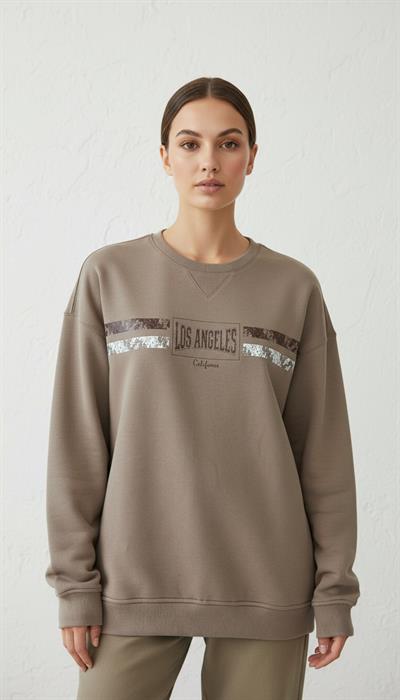 Kadın Baskılı Şardonlu Üç İp Şevval Sweatshirt Kahverengi