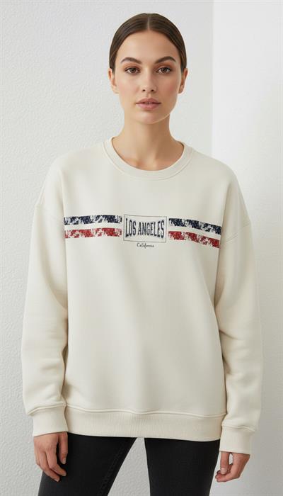 Kadın Baskılı Şardonlu Üç İp Şevval Sweatshirt Ekru 