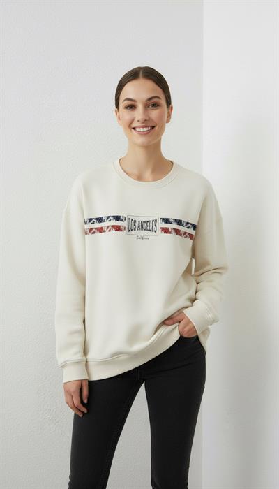 Kadın Baskılı Şardonlu Üç İp Şevval Sweatshirt Ekru 