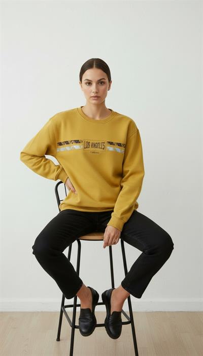 Kadın Baskılı Şardonlu Üç İp Şevval Sweatshirt Sarı