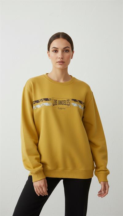 Kadın Baskılı Şardonlu Üç İp Şevval Sweatshirt Sarı