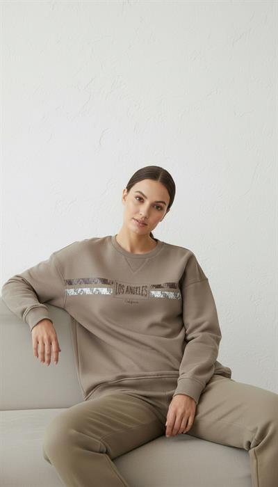 Kadın Baskılı Şardonlu Üç İp Şevval Sweatshirt Kahverengi