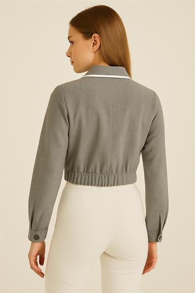 Kadın Biyeli Astarlı Crop Ceket Gri