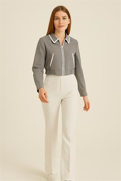 Kadın Biyeli Astarlı Crop Ceket Gri