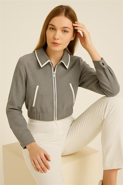 Kadın Biyeli Astarlı Crop Ceket Gri
