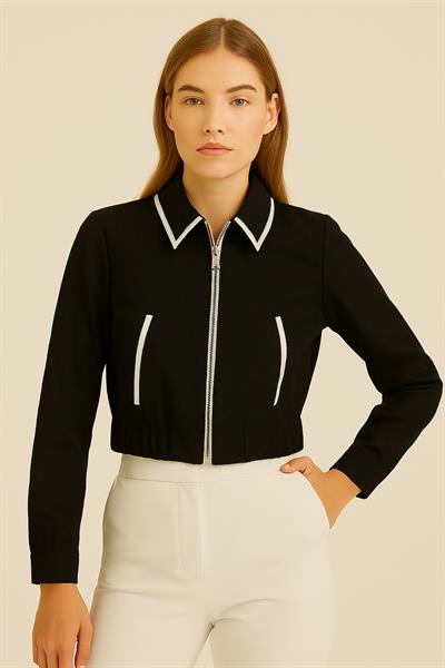 Kadın Biyeli Astarlı Crop Ceket Siyah