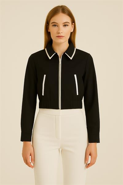 Kadın Biyeli Astarlı Crop Ceket Siyah
