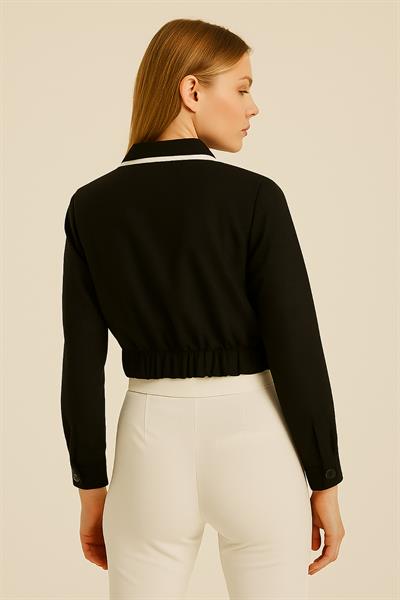 Kadın Biyeli Astarlı Crop Ceket Siyah