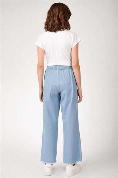 Kadın Bol Paça Kemerli Kot Pantolon Açık Mavi