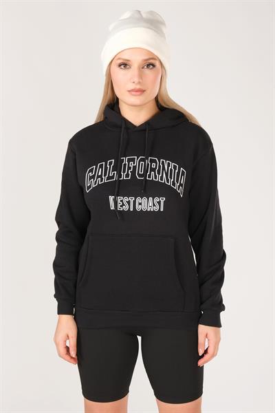 Kadın California Baskılı Kanguru Cep Kapuşonlu Sweatshirt Siyah