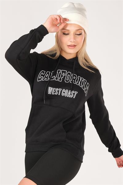 Kadın California Baskılı Kanguru Cep Kapuşonlu Sweatshirt Siyah