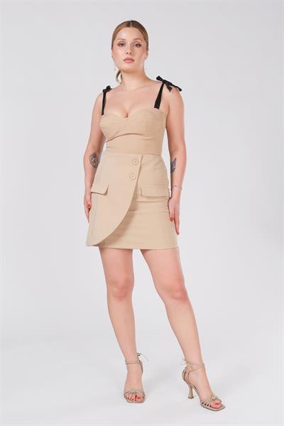 Kadın Cep Detaylı Etek Açık Camel