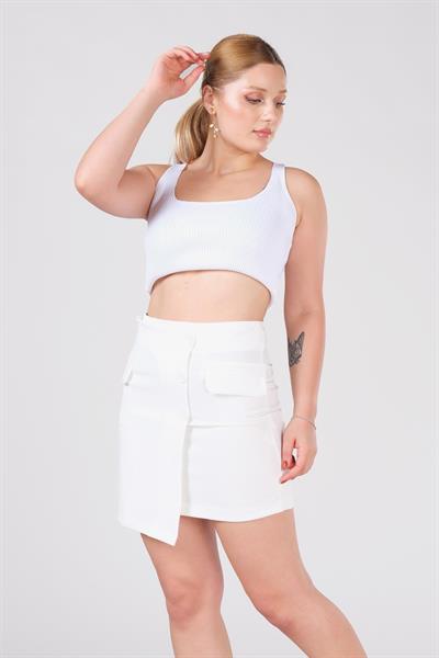 Kadın Cep Detaylı Etek Ekru
