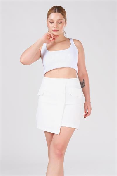Kadın Cep Detaylı Etek Ekru
